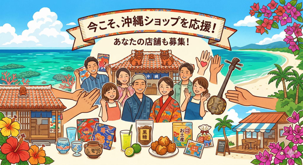 「今こそ、沖縄ショップを応援!」横断幕の下に、沖縄の特産品、笑顔の店主、伝統的な建物、ビーチが描かれた、店舗募集の応援イラスト。