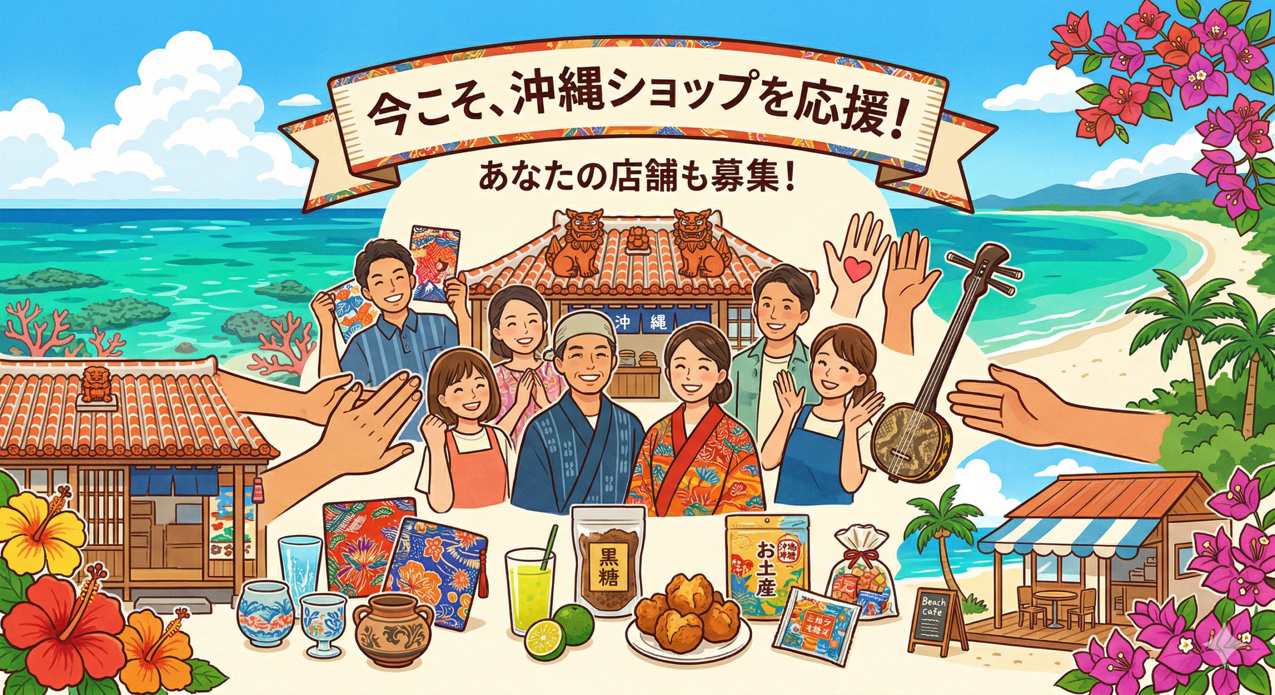 「今こそ、沖縄ショップを応援!」横断幕の下に、沖縄の特産品、笑顔の店主、伝統的な建物、ビーチが描かれた、店舗募集の応援イラスト。