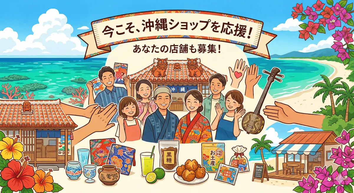 「今こそ、沖縄ショップを応援!」横断幕の下に、沖縄の特産品、笑顔の店主、伝統的な建物、ビーチが描かれた、店舗募集の応援イラスト。